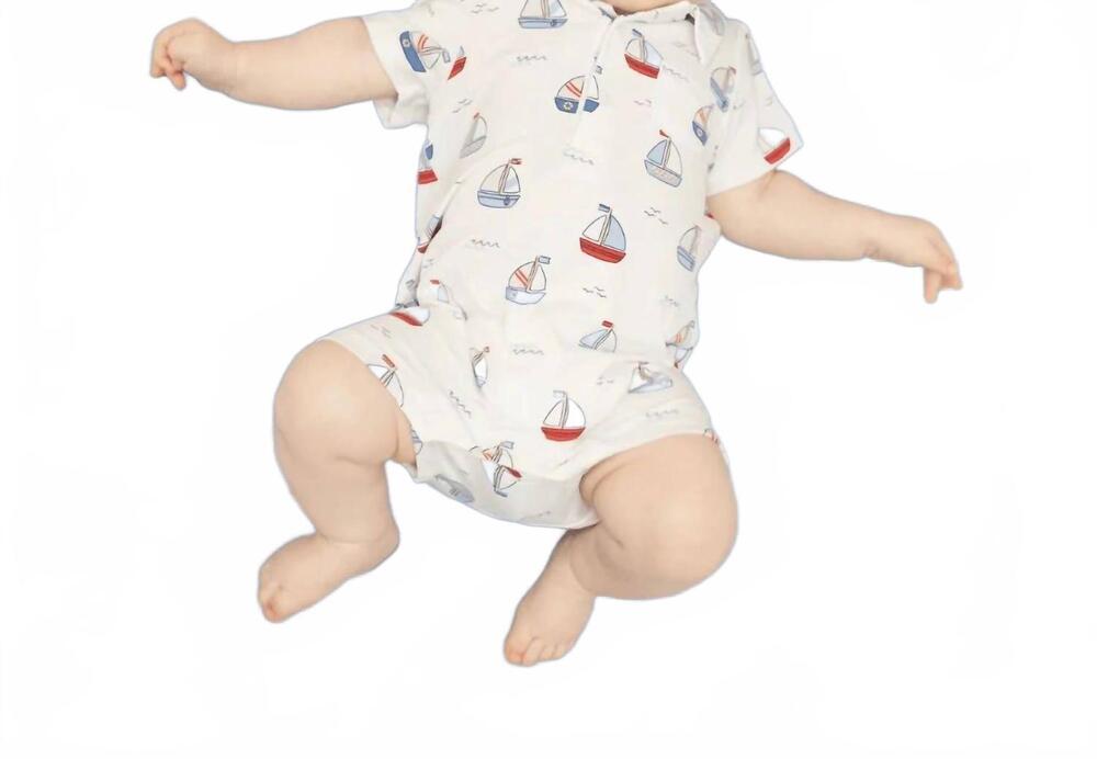 NEW ANGEL DEAR kids bubbly sailboats bamboo polo shortie in blue